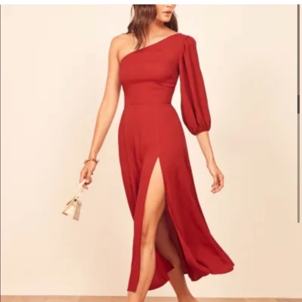 REFORMATION NWT Lawrence One Shoulder High Slit Midi Dress Red 6 Crimson